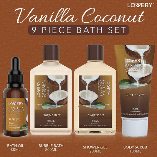 Bath and Body Gift Basket, Vanilla Coconut Home Spa Set, 9PC