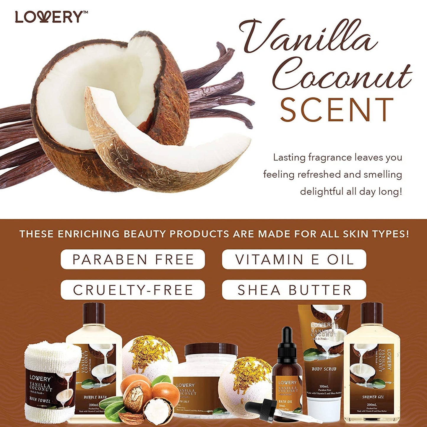 Bath and Body Gift Basket, Vanilla Coconut Home Spa Set, 9PC