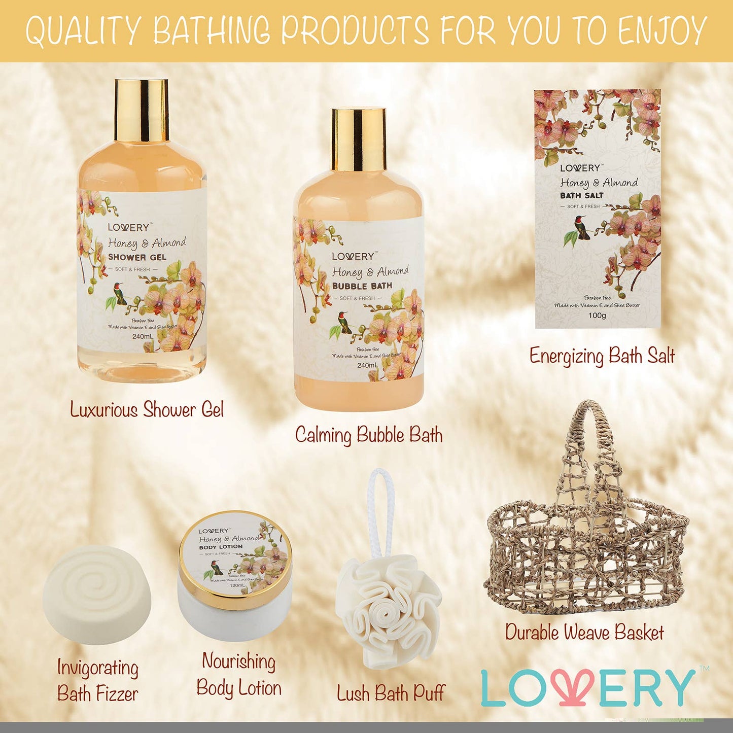 Home Spa Gift Basket, Honey & Almond Scent, Bath & Body Care