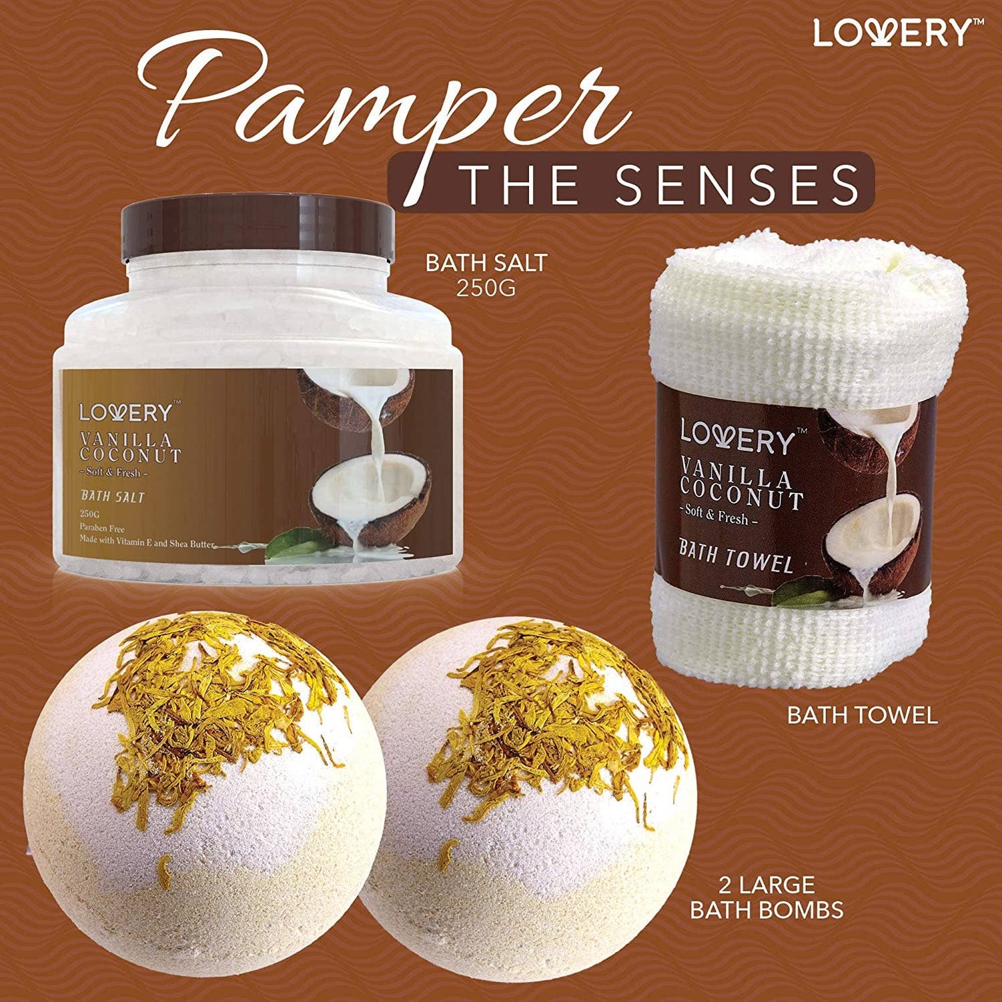 Bath and Body Gift Basket, Vanilla Coconut Home Spa Set, 9PC