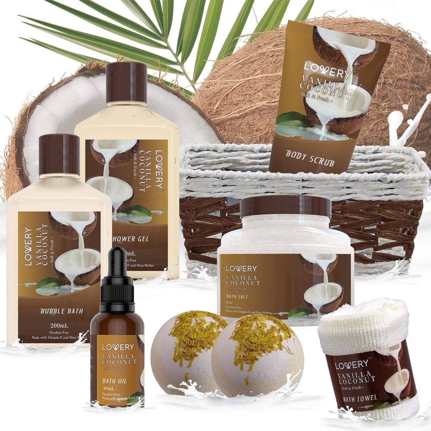 Bath and Body Gift Basket, Vanilla Coconut Home Spa Set, 9PC